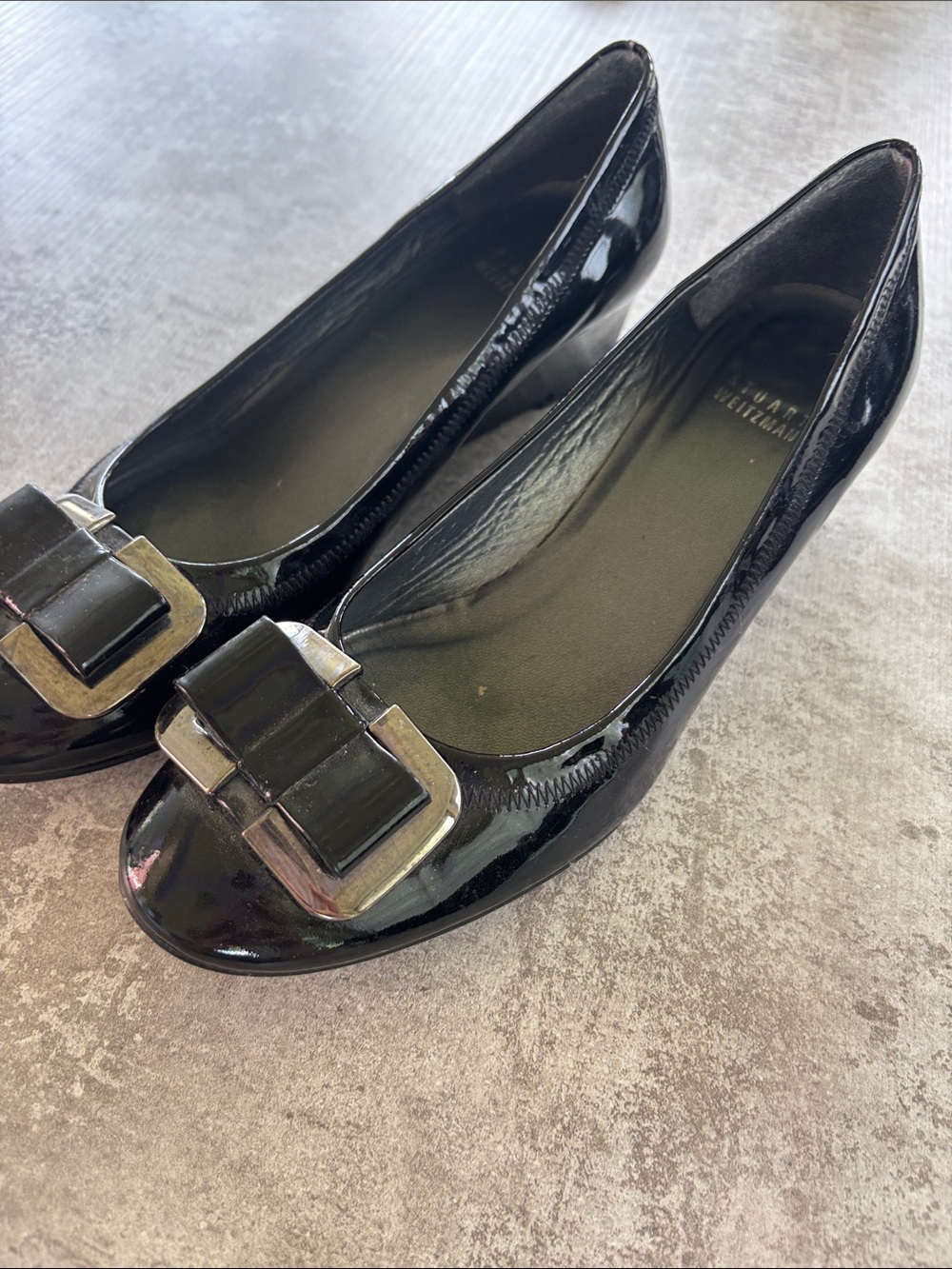Stuart Weitzman Black Patent Leather Ballet Flats with Silver Buckle -7